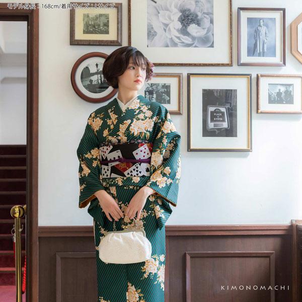 洗える着物 セット「袷着物：ストライプブーケグリーン＋京袋帯：黒トランプ」KIMONOMACHI オリジナル 着物と帯の2点セット サイズS/M/L/LL コーディネート済み着物セット 小紋 レディース キモノ【メール便不可】ss2512kck10