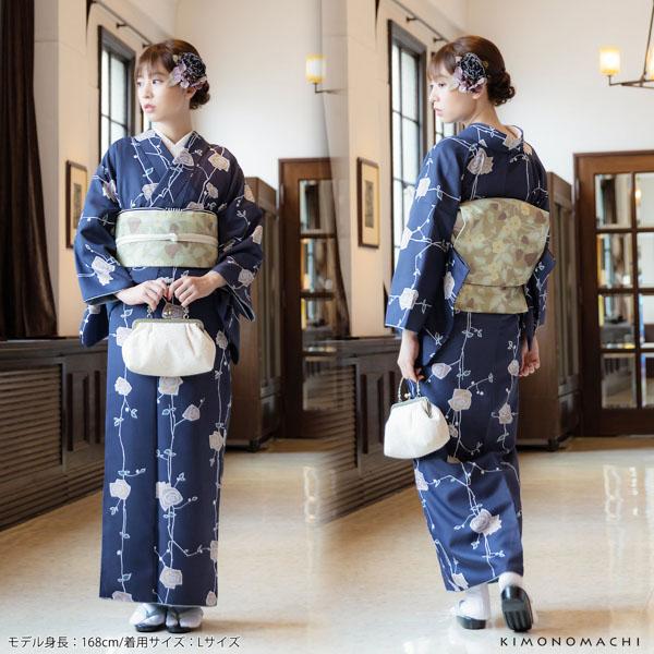 洗える着物 セット「袷着物：ばら墨紺＋京袋帯：蔓いちご」KIMONOMACHI