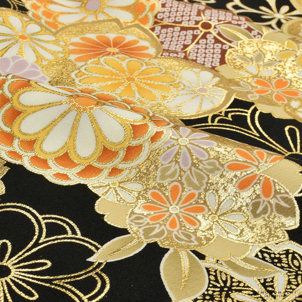 袴 セット 卒業式 女性 4点セット「二尺袖：黒地 金茶色、花紋＋袴：箔