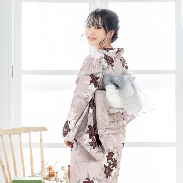 浴衣 レディース 女性浴衣単品「百合 ココア」ポリエステル浴衣 プレタ浴衣 お仕立て上がり浴衣 大人浴衣 Fサイズ 女性用 女性浴衣 ゆかた【メール便不可】