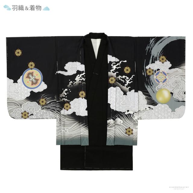 七五三 着物 男の子 5歳 羽織袴セット「黒 円相、獅子兜」フルセット 5歳向け 5才 五歳 男児用 着物セット 子供着物 五才のお祝い着【メール便不可】