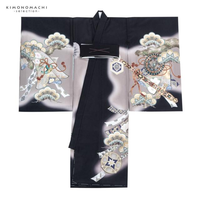 310 お宮参り着物 男の子祝い着産着御祝 着のしめ祝着 七五三 五歳 男の子のお宮参り産着 祝い着「黒 鷹、太鼓と車輪」熨斗目 のしめ