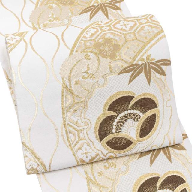 振袖 袋帯 単品「白地、金×茶 立涌と雪輪に松竹梅」日本製 お仕立て上がり 振袖用 袋帯 お仕立て済 振袖帯 結婚式 成人式 フォーマル【メール便不可】