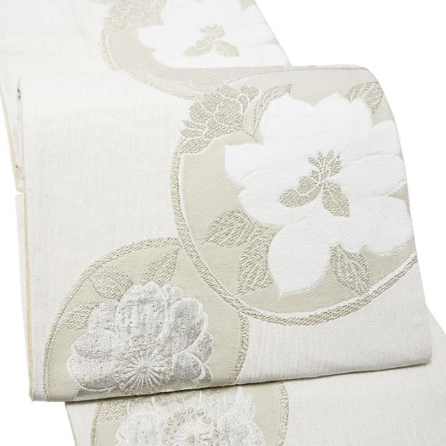 振袖 袋帯 単品「白地、銀×灰色 丸に花紋」日本製 お仕立て上がり 振袖用 袋帯 お仕立て済 振袖帯 結婚式 成人式 フォーマル【メール便不可】