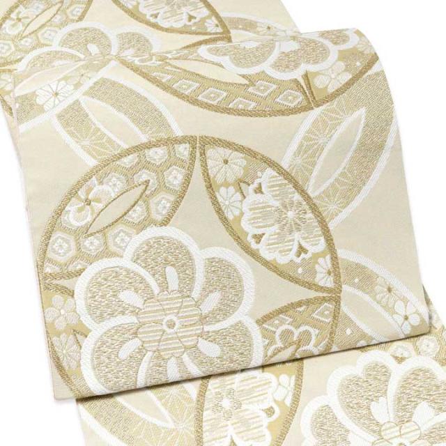 振袖 袋帯 単品「象牙色地 白金×砂色 ねじ花に七宝」六通柄 日本製 お仕立て上がり 振袖用 袋帯 お仕立て済 振袖帯 結婚式 成人式 フォーマル【メール便不可】