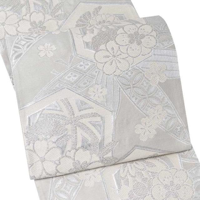 振袖 袋帯 単品「灰白色×銀 笹に亀甲、花」日本製 お仕立て上がり 振袖用 袋帯 お仕立て済 振袖帯 結婚式 成人式 フォーマル【メール便不可】