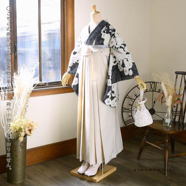 二尺袖着物 単品「牡丹に桜 墨色×グレー」Fサイズ 日本製 お