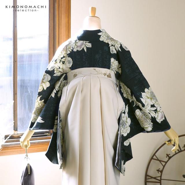 袴 セット 卒業式 女性 4点セット「二尺袖：牡丹 黒緑+刺繍袴：オフホワイト+袴下帯：シルバーグレー+襦袢」卒業式 女性 レディース お仕立て上がり 袴セット 二尺袖着物セット 着物 二尺着物 袴【メール便不可】_4