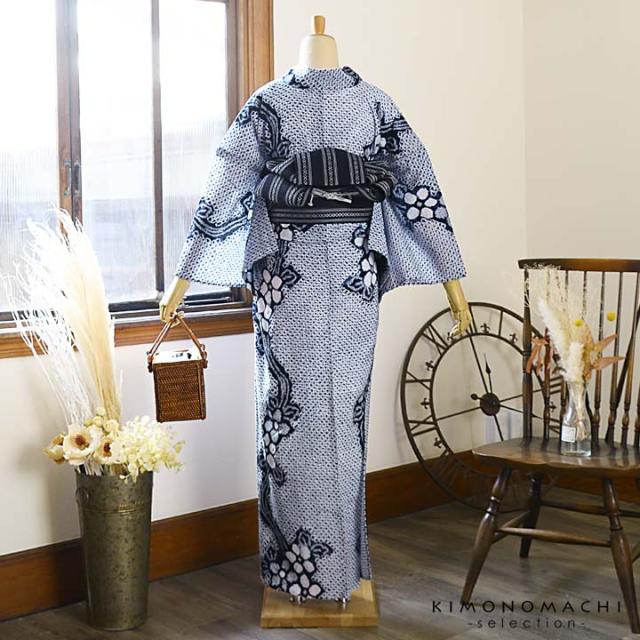 お仕立て上がり絞り浴衣単品 花しぼり「有松三浦、日日草 濃紺」有松