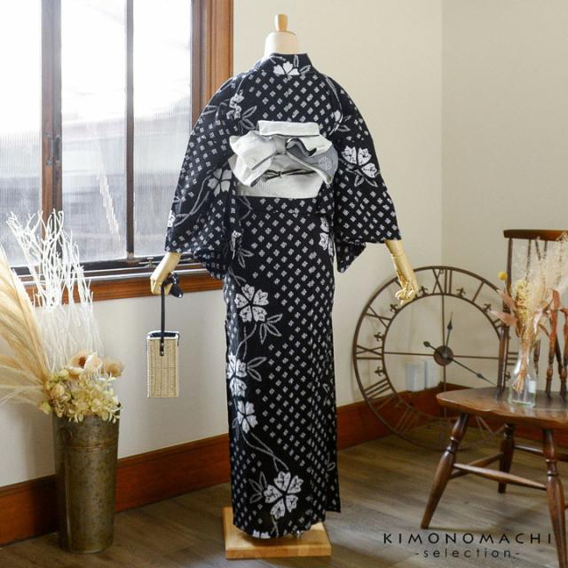 お仕立て上がり絞り浴衣単品 花しぼり「新鮮、お花 黒」有松絞り 女性