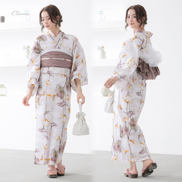 Clarus レディース 女性浴衣 単品「夏の思い出 あじさい 褐色・あさがお セピア・花火 セピア・泥中花と陽金魚 全4柄」F/フリーサイズ 綿浴衣 大人可愛い きもの町オリジナル 女性用浴衣 ゆかた yukata【メール便不可】