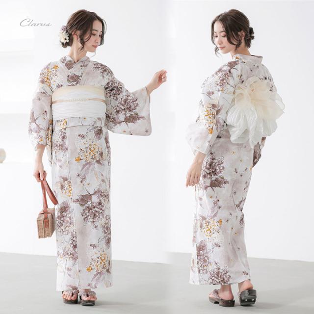 Clarus レディース 女性浴衣 単品「夏の思い出 あじさい 褐色・あさがお セピア・花火 セピア・泥中花と陽金魚 全4柄」F/フリーサイズ 綿浴衣 大人可愛い きもの町オリジナル 女性用浴衣 ゆかた yukata【メール便不可】
