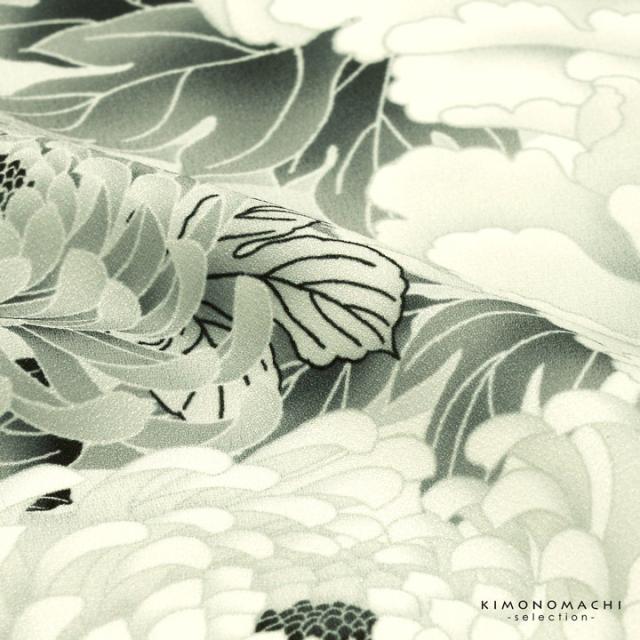 二尺袖着物 単品 絵羽「白地、灰黄緑 牡丹に菊」Fサイズ