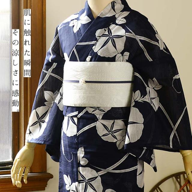浴衣 レディース 単品 お仕立て上がり浴衣 綿絽浴衣「朝顔 濃紺」Fサイズ シック 大人 モダン 粋 古典 ゆかた 女性 ブランド浴衣 花火大会 夏祭り 綿 絽 夏着物にも【メール便不可】_2