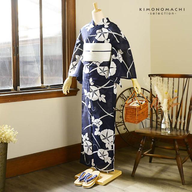 浴衣 レディース 単品 お仕立て上がり浴衣 綿絽浴衣「朝顔 濃紺」Fサイズ シック 大人 モダン 粋 古典 ゆかた 女性 ブランド浴衣 花火大会 夏祭り 綿 絽 夏着物にも【メール便不可】_3