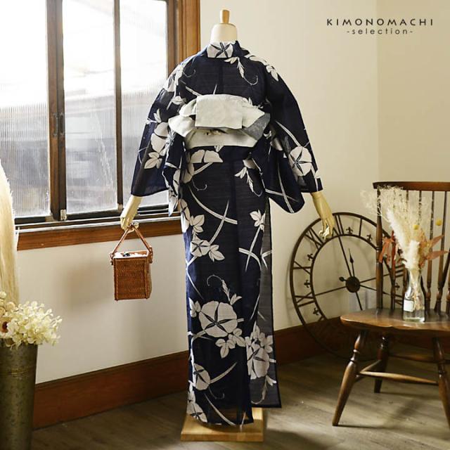 浴衣 レディース 単品 お仕立て上がり浴衣 綿絽浴衣「朝顔 濃紺」Fサイズ シック 大人 モダン 粋 古典 ゆかた 女性 ブランド浴衣 花火大会 夏祭り 綿 絽 夏着物にも【メール便不可】_4