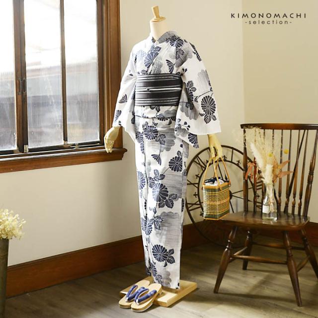 浴衣 レディース 単品 お仕立て上がり浴衣 綿絽浴衣「菊に雲形 白地」Fサイズ シック 大人 モダン 粋 古典 ゆかた 女性 ブランド浴衣 花火大会 夏祭り 綿 絽 夏着物にも【メール便不可】_3