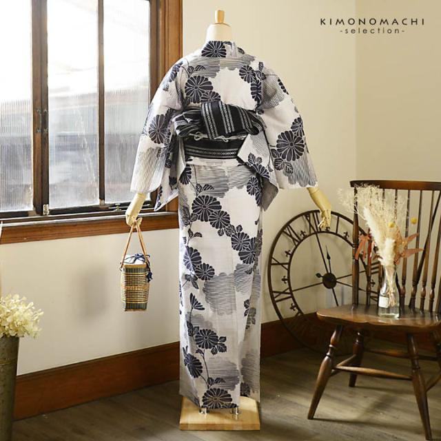 浴衣 レディース 単品 お仕立て上がり浴衣 綿絽浴衣「菊に雲形 白地」Fサイズ シック 大人 モダン 粋 古典 ゆかた 女性 ブランド浴衣 花火大会 夏祭り 綿 絽 夏着物にも【メール便不可】_4