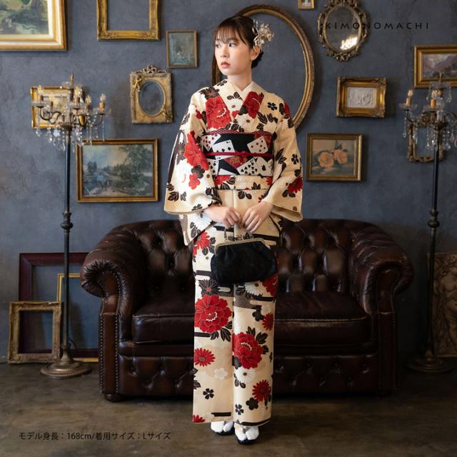 洗える着物 セット「袷着物：雲に牡丹、花紋 生成り色＋京袋帯：黒トランプ」KIMONOMACHI オリジナル きもの福袋 サイズS/M/L/LL 2025-2026新作 コーディネート済み着物セット 小紋 レディース キモノ【メール便不可】_1