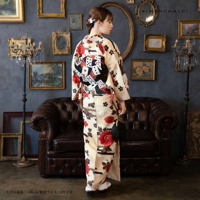 洗える着物 セット「袷着物：雲に牡丹、花紋 生成り色＋京袋帯：黒トランプ」KIMONOMACHI オリジナル きもの福袋 サイズS/M/L/LL 2025-2026新作 コーディネート済み着物セット 小紋 レディース キモノ【メール便不可】_2