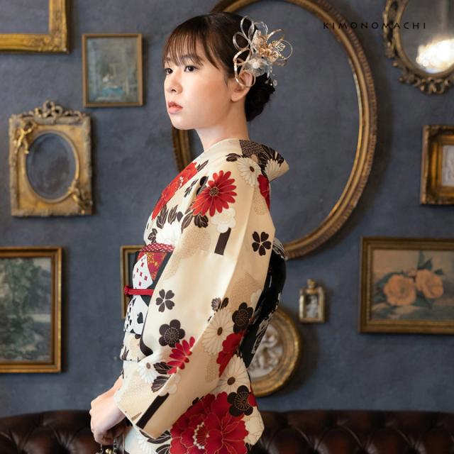 洗える着物 セット「袷着物：雲に牡丹、花紋 生成り色＋京袋帯：黒トランプ」KIMONOMACHI オリジナル きもの福袋 サイズS/M/L/LL 2025-2026新作 コーディネート済み着物セット 小紋 レディース キモノ【メール便不可】_6