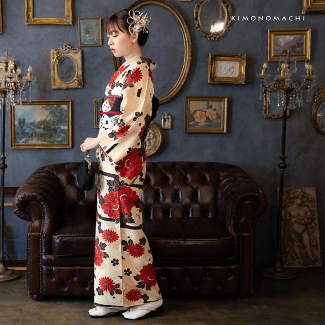 洗える着物 セット「袷着物：雲に牡丹、花紋 生成り色＋京袋帯：黒トランプ」KIMONOMACHI オリジナル きもの福袋 サイズS/M/L/LL 2025-2026新作 コーディネート済み着物セット 小紋 レディース キモノ【メール便不可】_7