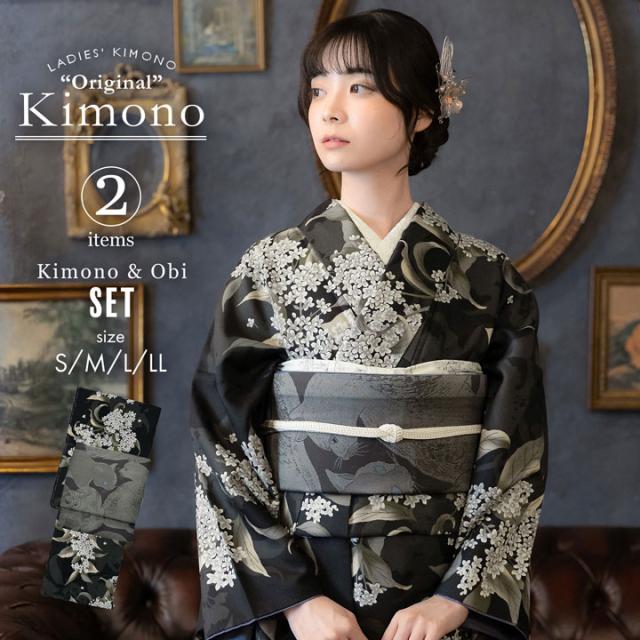 洗える着物 セット「袷着物：銀木犀 黒色＋京袋帯：薄暮の灰猫」KIMONOMACHI オリジナル きもの福袋 サイズS/M/L/LL 2025-2026新作 コーディネート済み着物セット 小紋 レディース キモノ【メール便不可】