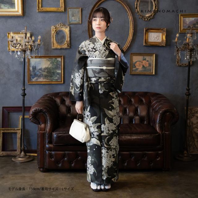 洗える着物 セット「袷着物：銀木犀 黒色＋京袋帯：薄暮の灰猫」KIMONOMACHI オリジナル きもの福袋 サイズS/M/L/LL 2025-2026新作 コーディネート済み着物セット 小紋 レディース キモノ【メール便不可】_1