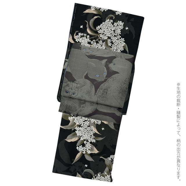 洗える着物 セット「袷着物：銀木犀 黒色＋京袋帯：薄暮の灰猫」KIMONOMACHI オリジナル きもの福袋 サイズS/M/L/LL 2025-2026新作 コーディネート済み着物セット 小紋 レディース キモノ【メール便不可】_3