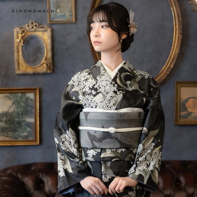 洗える着物 セット「袷着物：銀木犀 黒色＋京袋帯：薄暮の灰猫」KIMONOMACHI オリジナル きもの福袋 サイズS/M/L/LL 2025-2026新作 コーディネート済み着物セット 小紋 レディース キモノ【メール便不可】_6
