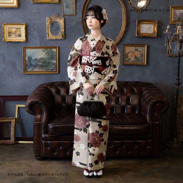 洗える着物 セット「袷着物：雲に牡丹、花紋 利休白茶色＋京袋帯：黒トランプ」KIMONOMACHI オリジナル きもの福袋 サイズS/M/L/LL 2025-2026新作 コーディネート済み着物セット 小紋 レディース キモノ【メール便不可】_1
