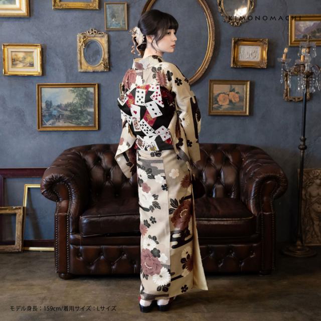 洗える着物 セット「袷着物：雲に牡丹、花紋 利休白茶色＋京袋帯：黒トランプ」KIMONOMACHI オリジナル きもの福袋 サイズS/M/L/LL 2025-2026新作 コーディネート済み着物セット 小紋 レディース キモノ【メール便不可】_2