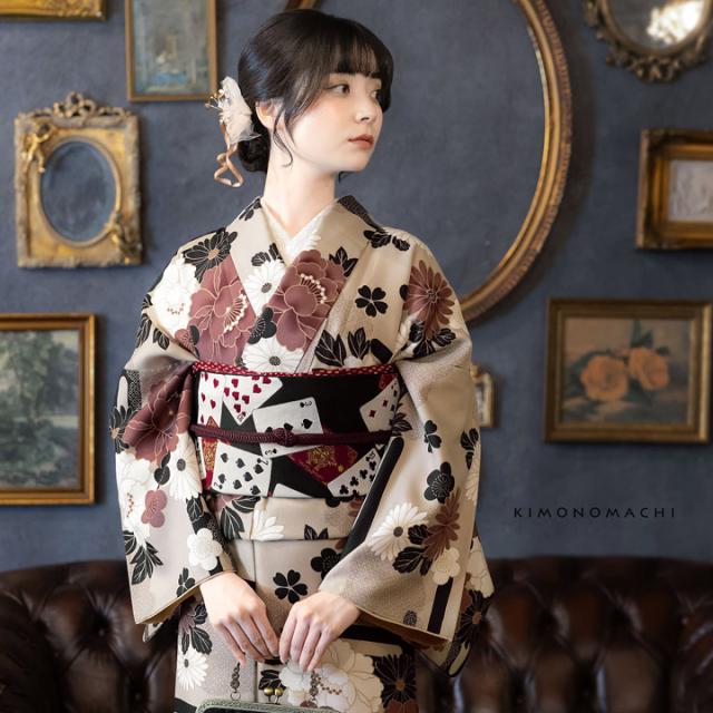 洗える着物 セット「袷着物：雲に牡丹、花紋 利休白茶色＋京袋帯：黒トランプ」KIMONOMACHI オリジナル きもの福袋 サイズS/M/L/LL 2025-2026新作 コーディネート済み着物セット 小紋 レディース キモノ【メール便不可】_6