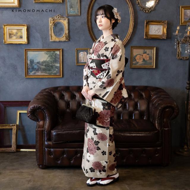 洗える着物 セット「袷着物：雲に牡丹、花紋 利休白茶色＋京袋帯：黒トランプ」KIMONOMACHI オリジナル きもの福袋 サイズS/M/L/LL 2025-2026新作 コーディネート済み着物セット 小紋 レディース キモノ【メール便不可】_7