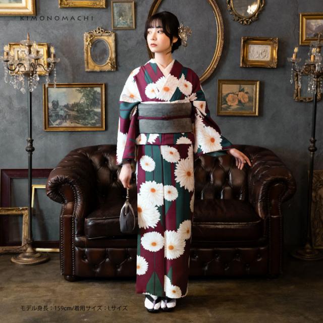 洗える着物 セット「袷着物：矢羽根に菊 赤紫色＋京袋帯：競べ馬」KIMONOMACHI オリジナル 着物と帯の2点セット サイズS/M/L/LL コーディネート済み着物セット 小紋 レディース キモノ【メール便不可】_1