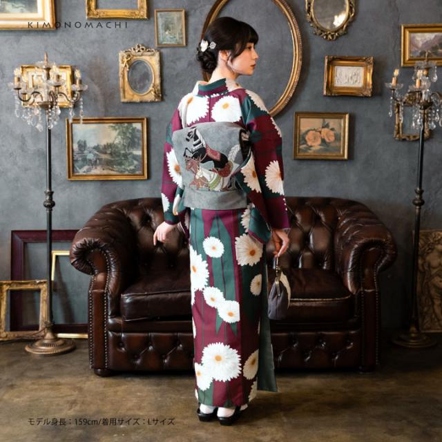 洗える着物 セット「袷着物：矢羽根に菊 赤紫色＋京袋帯：競べ馬」KIMONOMACHI オリジナル 着物と帯の2点セット サイズS/M/L/LL コーディネート済み着物セット 小紋 レディース キモノ【メール便不可】_2
