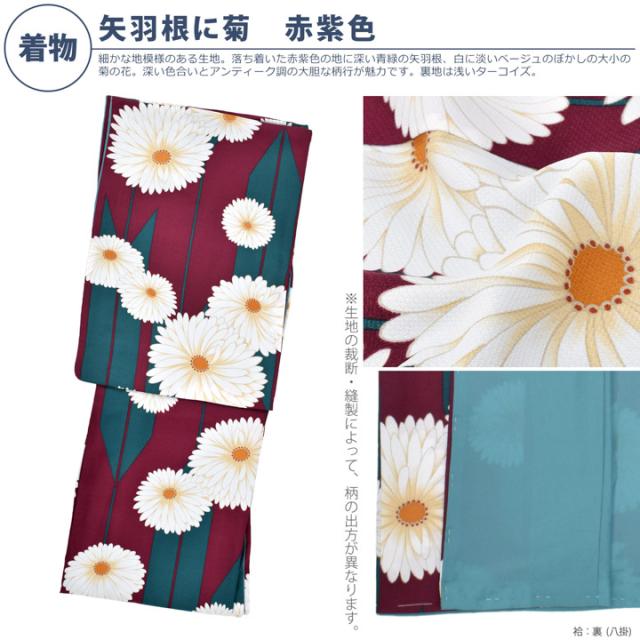 洗える着物 セット「袷着物：矢羽根に菊 赤紫色＋京袋帯：競べ馬」KIMONOMACHI オリジナル 着物と帯の2点セット サイズS/M/L/LL コーディネート済み着物セット 小紋 レディース キモノ【メール便不可】_4
