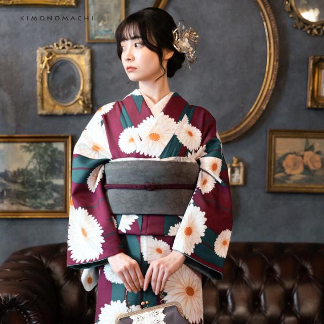 洗える着物 セット「袷着物：矢羽根に菊 赤紫色＋京袋帯：競べ馬」KIMONOMACHI オリジナル 着物と帯の2点セット サイズS/M/L/LL コーディネート済み着物セット 小紋 レディース キモノ【メール便不可】_6