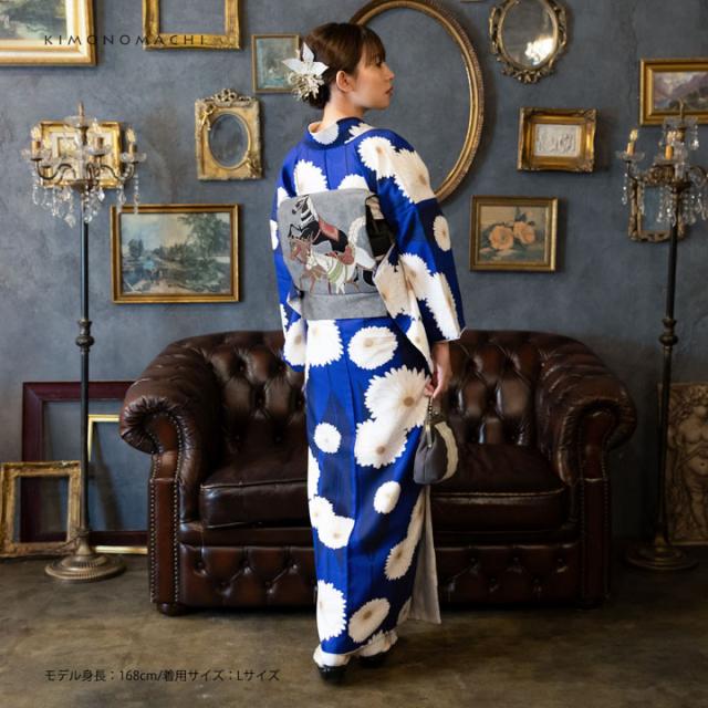 洗える着物 セット「袷着物：矢羽根に菊 瑠璃色＋京袋帯：競べ馬」KIMONOMACHI オリジナル 着物と帯の2点セット サイズS/M/L/LL コーディネート済み着物セット 小紋 レディース キモノ【メール便不可】_2