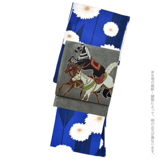 洗える着物 セット「袷着物：矢羽根に菊 瑠璃色＋京袋帯：競べ馬」KIMONOMACHI オリジナル 着物と帯の2点セット サイズS/M/L/LL コーディネート済み着物セット 小紋 レディース キモノ【メール便不可】_3