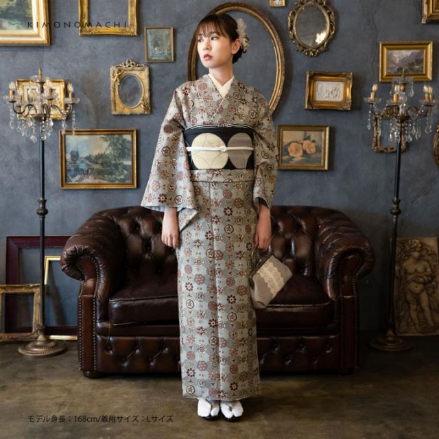 洗える着物 セット「袷着物：丸花更紗に菱 灰釉色＋京袋帯：月七宝」KIMONOMACHI オリジナル 着物と帯の2点セット サイズS/M/L/LL コーディネート済み着物セット 小紋 レディース キモノ【メール便不可】_1