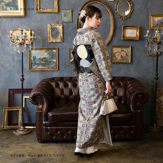 洗える着物 セット「袷着物：丸花更紗に菱 灰釉色＋京袋帯：月七宝」KIMONOMACHI オリジナル 着物と帯の2点セット サイズS/M/L/LL コーディネート済み着物セット 小紋 レディース キモノ【メール便不可】_2