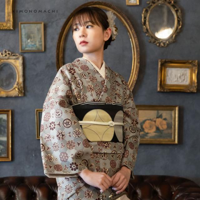 洗える着物 セット「袷着物：丸花更紗に菱 灰釉色＋京袋帯：月七宝」KIMONOMACHI オリジナル 着物と帯の2点セット サイズS/M/L/LL コーディネート済み着物セット 小紋 レディース キモノ【メール便不可】_6