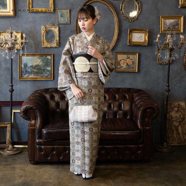 洗える着物 セット「袷着物：丸花更紗に菱 灰釉色＋京袋帯：月七宝」KIMONOMACHI オリジナル 着物と帯の2点セット サイズS/M/L/LL コーディネート済み着物セット 小紋 レディース キモノ【メール便不可】_7