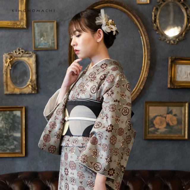 洗える着物 セット「袷着物：丸花更紗に菱 灰釉色＋京袋帯：月七宝」KIMONOMACHI オリジナル 着物と帯の2点セット サイズS/M/L/LL コーディネート済み着物セット 小紋 レディース キモノ【メール便不可】_8