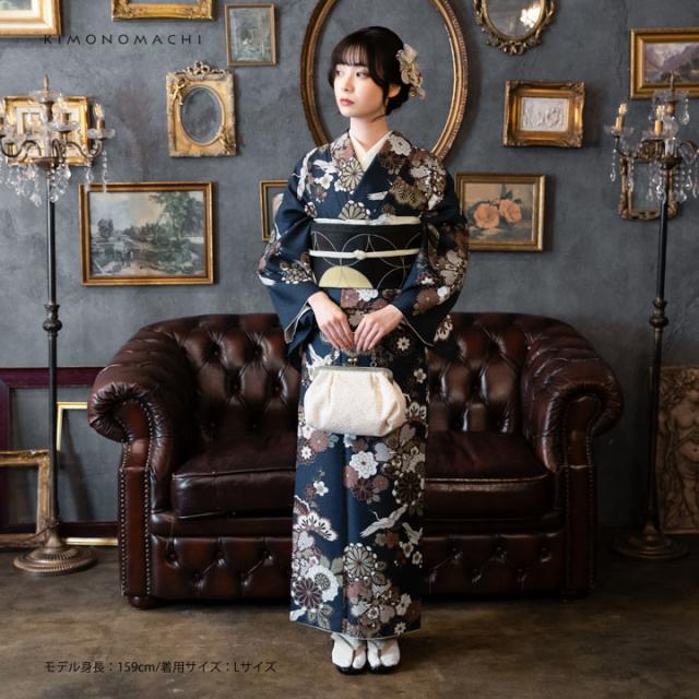 洗える着物 セット「袷着物：鶴と花紋に紗綾形 紺色＋京袋帯：月七宝」KIMONOMACHI オリジナル 着物と帯の2点セット サイズS/M/L/LL コーディネート済み着物セット 小紋 レディース キモノ【メール便不可】_1