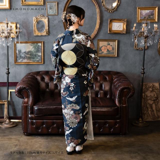 洗える着物 セット「袷着物：鶴と花紋に紗綾形 紺色＋京袋帯：月七宝」KIMONOMACHI オリジナル 着物と帯の2点セット サイズS/M/L/LL コーディネート済み着物セット 小紋 レディース キモノ【メール便不可】_2
