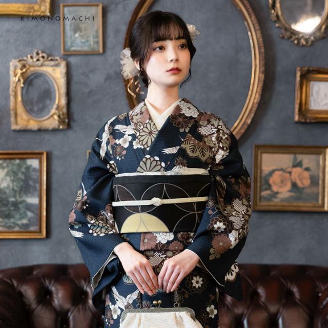 洗える着物 セット「袷着物：鶴と花紋に紗綾形 紺色＋京袋帯：月七宝」KIMONOMACHI オリジナル 着物と帯の2点セット サイズS/M/L/LL コーディネート済み着物セット 小紋 レディース キモノ【メール便不可】_6