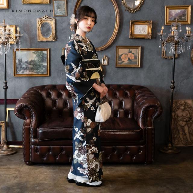 洗える着物 セット「袷着物：鶴と花紋に紗綾形 紺色＋京袋帯：月七宝」KIMONOMACHI オリジナル 着物と帯の2点セット サイズS/M/L/LL コーディネート済み着物セット 小紋 レディース キモノ【メール便不可】_7
