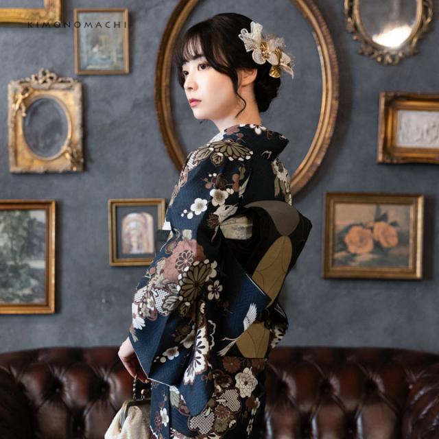 洗える着物 セット「袷着物：鶴と花紋に紗綾形 紺色＋京袋帯：月七宝」KIMONOMACHI オリジナル 着物と帯の2点セット サイズS/M/L/LL コーディネート済み着物セット 小紋 レディース キモノ【メール便不可】_8